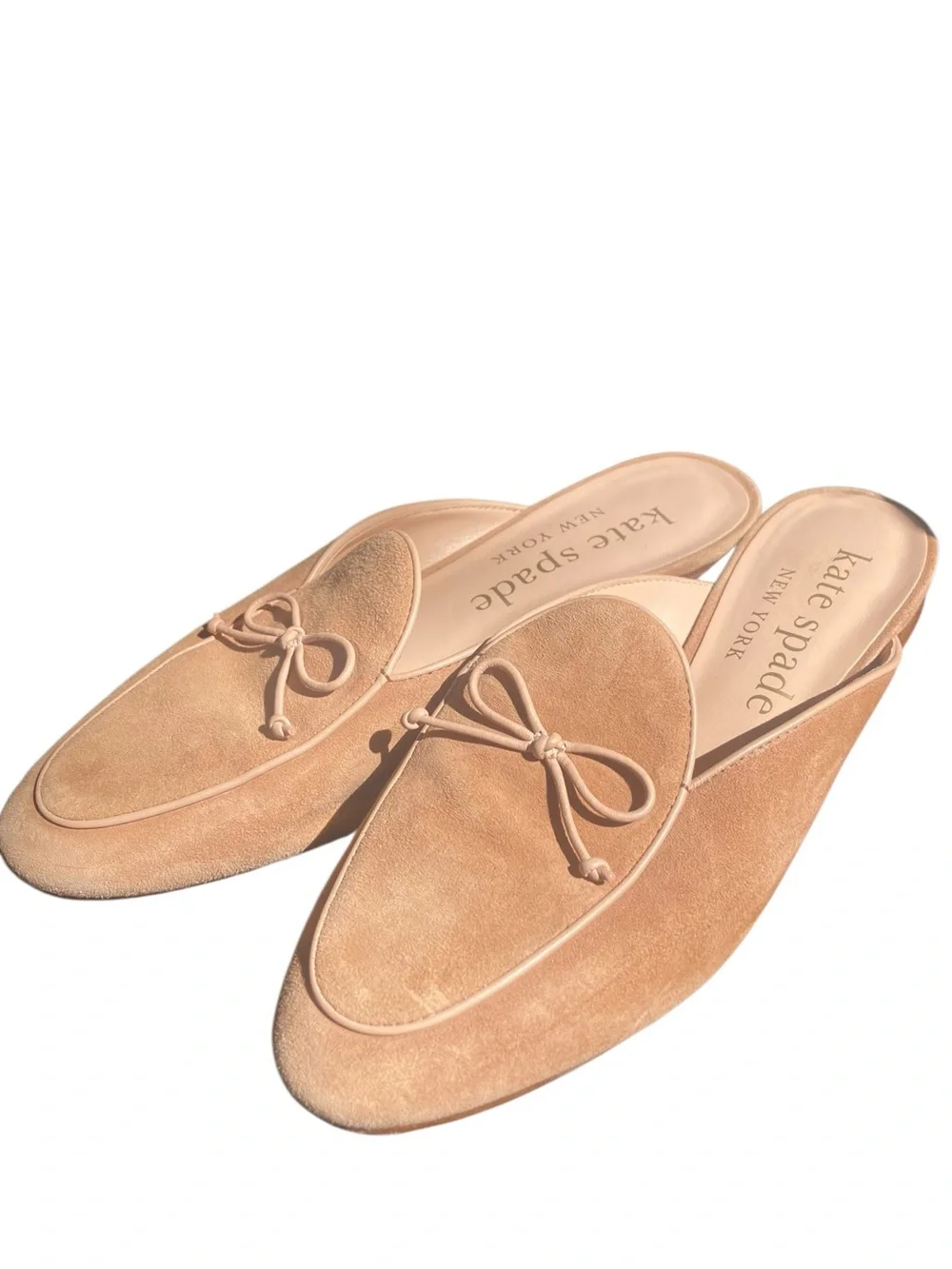 Kate Spade Devi Suede Bow Mules Size 9.5 Tan Beige Slip On Flats